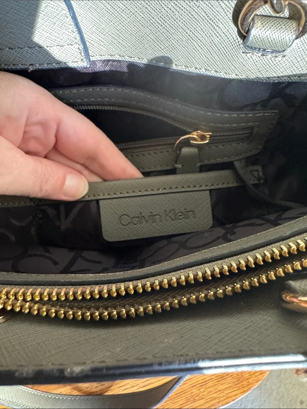 Calvin Klein Monogram Tote Bag in Brown with Olive Green Accent
